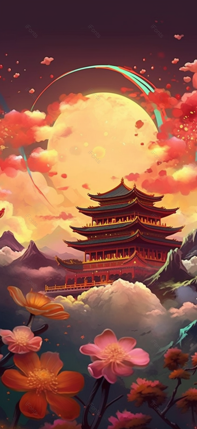 中国风亭台楼阁建筑祥云背景插画手绘图,插画/手绘图,插画/手绘图库,插画/手绘图下载,插画/手绘